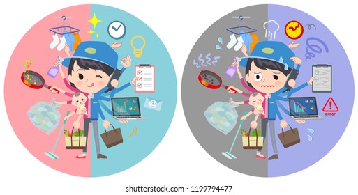 A set of delivery women who perform multitasking in offices and private.There are things to do smoothly and a pattern that is in a panic.It's vector art so it's easy to edit.