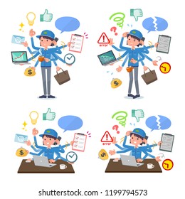 A set of delivery women who perform multitasking in the office.There are things to do smoothly and a pattern that is in a panic.It's vector art so it's easy to edit.