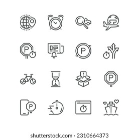 Set of delivery and world travel related icons, package box, journey, traffic sign, sand watch, time, reminder, alert, flight, navigation and linear variety vectors.