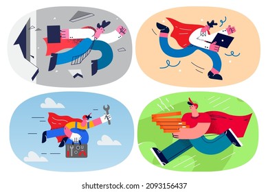 Set of deliveryman or serviceman as superhero provide good quality fast service. Bundle of couriers fly as hero to client or customer. Delivery or repair offer. Flat vector illustration. 