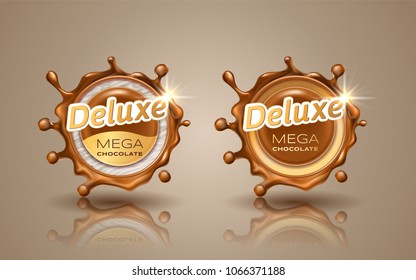 Set of deluxe design labels in gold color isolated on background. Swirl dynamic splash of milk chocolate. Chocolate circular border and drops. Packaging design element. Vector 3d illustration.