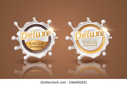 Set of deluxe design labels in gold color isolated on background. Swirl dynamic splash of milk. White chocolate circular border and drops. Packaging design element. Vector 3d illustration.