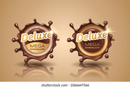 Set of deluxe design labels in gold color isolated on background. Swirl dynamic splash of dark chocolate. Chocolate circular border and drops. Packaging design element. Vector 3d illustration.