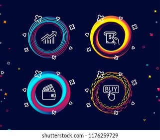 Set of Demand curve, Atm service and Debit card icons. Buying sign. Statistical report, Cash investment, Wallet with credit card. E-commerce shopping.  Circle banners with line icons. Vector