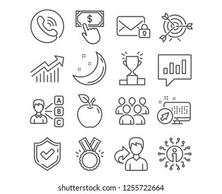 Set of Demand curve, Opinion and Payment click icons. Analytical chat, Winner podium and Honor signs. Secure mail, Target and Group symbols. Statistical report, Choose answer, Financial transfer