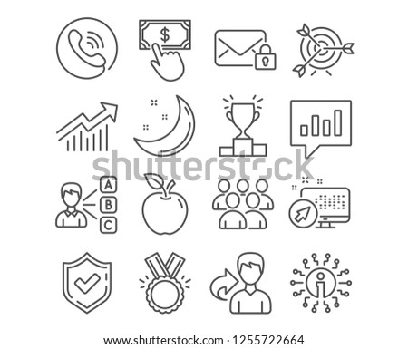 Set of Demand curve, Opinion and Payment click icons. Analytical chat, Winner podium and Honor signs. Secure mail, Target and Group symbols. Statistical report, Choose answer, Financial transfer