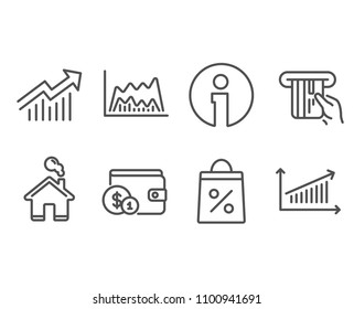 Set of Demand curve, Trade chart and Credit card icons. Shopping bag, Buying accessory and Chart signs. Statistical report, Market data, Atm payment. Supermarket discounts, Wallet with coins. Vector