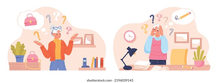 Set Of Dementia. Elderly Man And Woman Hold On To Heads, Cant Remember What They Were Thinking. Age Issues, Grandparents Disease, Alzheimers And Cognitive Decline. Cartoon Flat Vector Illustration