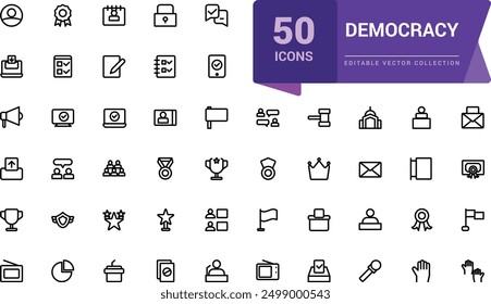 Conjunto de iconos de línea de Democracia y Derechos Humanos. Relacionado con la tolerancia, el activismo, la libertad. Conjunto de iconos de ui de Web lineal delgado minimalista. Ilustración de trazo de Vector editable simple.