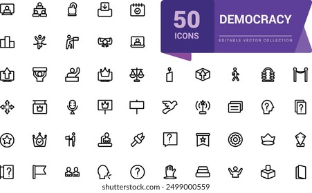 Set of Democracy and Human Rights line icon. Related to tolerance, activism, freedom. Minimalist thin linear web ui icon set. Simple editable vector stroke illustration.