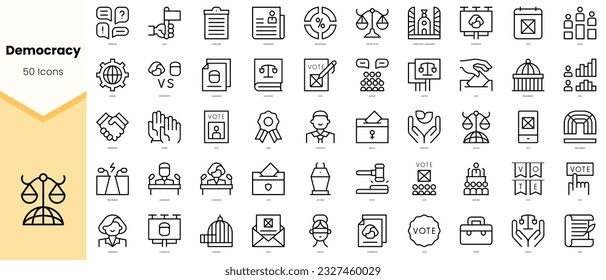 Set von Demokratie-Symbolen. Paket mit einfachen Kunstsymbolen für Linien. Vektorgrafik