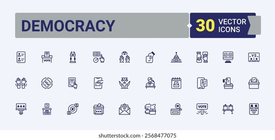 Set of Democracy line icons. Featuring success, flag, people, referendum, election, political. Thin outline icons pack. Vector illustration in modern line style.