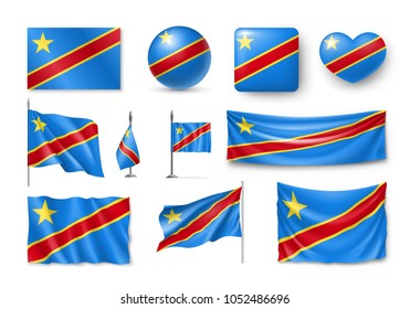 Set Democratic Republic of the Congo flags, banners, banners, symbols, flat icon. Vector illustration of collection of national symbols on various objects and state signs