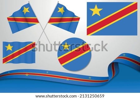 Set Of Democratic Republic of the Congo Flags In Different Designs, Icon, Flaying Flags With ribbon With Background. Free Vector