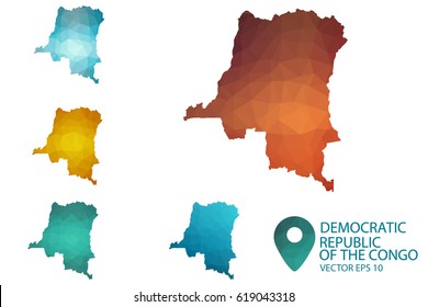 Set of Democratic Republic of the Congo maps. Bright gradient map of country in low poly style. Multicolored country map in geometric style for your infographics. Vector illustration eps 10.