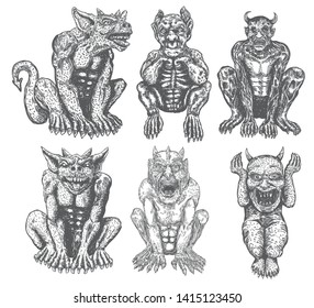 Set of demon vampires, human like monsters creatures chimera with fangs horns, and claws. Seating in aggressive position. Mystic and occult hand drawn engraved devil vector.