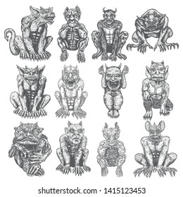 Set of demon vampires, human like monsters creatures chimera with fangs horns, and claws. Seating in aggressive position. Mystic and occult hand drawn engraved devil vector.