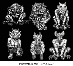 Set of demon vampires, human like monsters creatures chimera with fangs horns, and claws. Seating in aggressive position. Mystic and occult hand drawn engraved devil vector.