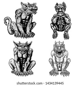 Set of demons, human like monsters creatures chimera with fangs horns, and claws. Mystic and occult hand drawn engraved devil vector.