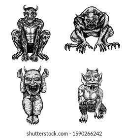 Set of demons, human like monsters creatures chimera with fangs horns, and claws. Mystic and occult hand drawn engraved devil vector.