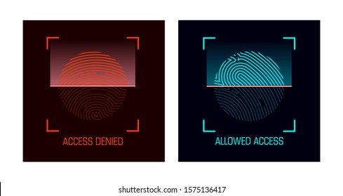 Set of Denied and Allowed Access concept. Fingerprint or thumbprint. Security identification concept scan in line style. Vector illustration print finger and thumb 