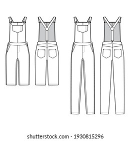 Set Of Denim Dungarees Overall Jumpsuits. Technical Fashion Illustration With Full Knee Length And A High Rise Normal Waist, With Riveted Pockets. Flat Front Back, White Color Style. Women CAD Mockup