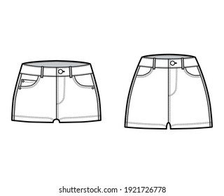 Set of Denim hot shorts pants technical fashion illustration with micro mini length, normal low waist, high low rise, coin, angled 5 pockets. Flat bottom template front, white color. Women CAD mockup
