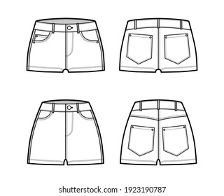 Set of Denim hot shorts pants technical fashion illustration with micro mini length, normal low waist, high low rise, coin 5 pockets. Flat bottom template front back white color. Women, men CAD mockup