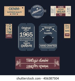 Set of denim labels. Vintage original blue jeans raw denim labels, t-shirt graphics