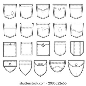 Set of denim pocket patches. Elements for uniform or casual style clothes, dresses and shirts. Vector illustration on white background
