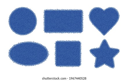 Set of denim shapes. Torn jean patches - circle, square, oval and rectangle. Vector realistic illustration on white background.