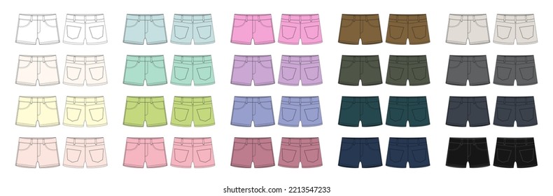 Set of denim short with pockets technical sketch. Kids jeans shorts design template collection. Diffirent colors. Front and back view. CAD vector illustration