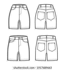 Juego de pantalones cortos de Denim ilustración de moda técnica con longitud media del muslo, cintura baja normal, altura baja, 5 bolsillos. Estilo de color blanco y frontal de la plantilla inferior plana. Mujeres, hombres se burlan de CAD