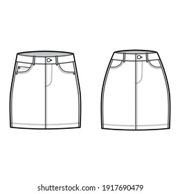 Set of Denim skirts technical fashion illustration with mini length, normal low waist rise, curved and angled pockets. Flat bottom template front, white color style. Women, men, unisex CAD mockup