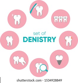 Set of denistry in vector. Teeth, braces,  crown, hygiene, tooth decay etc.