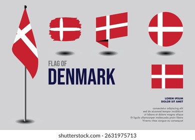 Set of Denmark flag in 5 designs: flag on pole, brush stroke, skew, round and standard. vector, flat, isolated on grey background. Perfect for various design projects