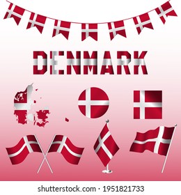 Set of Denmark flag with glossy concept. Simple map, square flag, pennants, text, cross over, desk flag, waving, flagpole. label icon. Vector EPS 10
