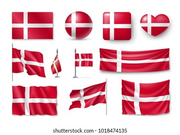 Set Denmark flags, banners, banners, symbols, flat icon. Vector illustration of collection of national symbols on various objects and state signs