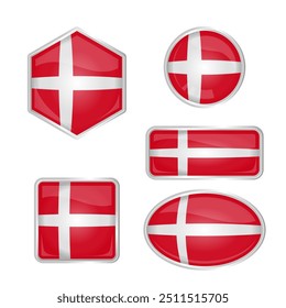 Set of Denmark Flags in Various Shapes on White Background. 3D Effect Flat Style Icon, Symbol. Editable or Scalable Vector Illustration EPS Format, Ideal for Graphic Design Elements