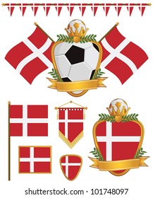 set of denmark football supporter flags and emblems, isolated on white