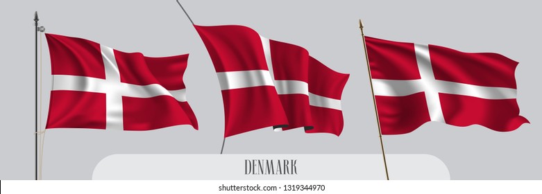 Set of Denmark waving flag on isolated background vector illustration. 3 red white Danish wavy realistic flag as a patriotic symbol 