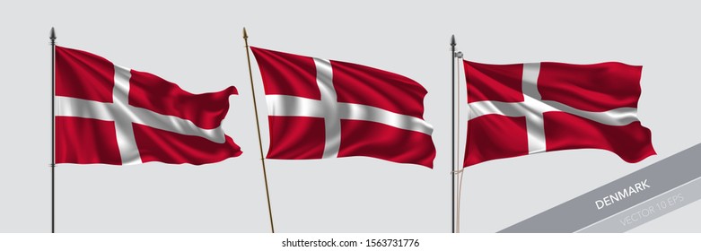 Set of Denmark waving flag on isolated background vector illustration. 3 Danish wavy realistic flag as a symbol of patriotism 
