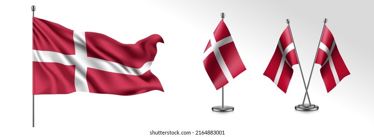 Set of Denmark waving flag on isolated background vector illustration. 3 Danish wavy realistic flag as a patriotic symbol