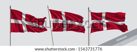 Set of Denmark waving flag on isolated background vector illustration. 3 Danish wavy realistic flag as a symbol of patriotism 