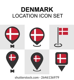 Conjunto de ícones de localização com temas dinamarqueses, incluindo pins e bandeiras perfeitos para aplicativos de viagem, mapas e conteúdo nórdico.