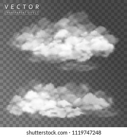 Set of dense fog on a transparent background. Isolated smog, steam, clouds of smoke. Vector illustration