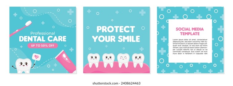 Set of dental banners for dental clinic. Discount on services for dental health. Dentistry. Banner or poster for website or app. Funny cartoon teeth in cartoon style. Social media template.