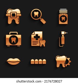 Set Dental card, Dentures model, Tooth treatment procedure, drill, Smiling lips, First aid kit, Painkiller tablet and Teeth with braces icon. Vector