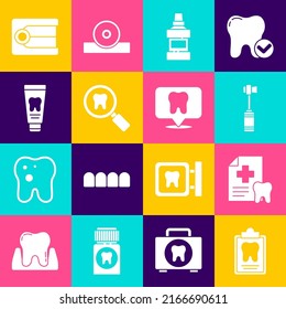 Set Dental card, Toothbrush, Mouthwash bottle, search, Tube of toothpaste, Dentures model and clinic location icon. Vector