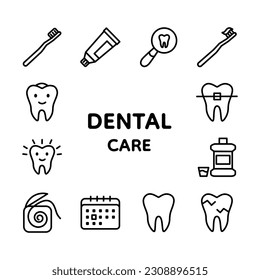 Ponga cuidado dental. Esmalte agrietado, enjuague los dientes, hilo dental, cepillo de dientes, pasta dental, llaves, diente sano, diente limpio, enjuague bucal, calendario, cuidado dental. Colección de iconos de contorno. Ilustración vectorial simple.
